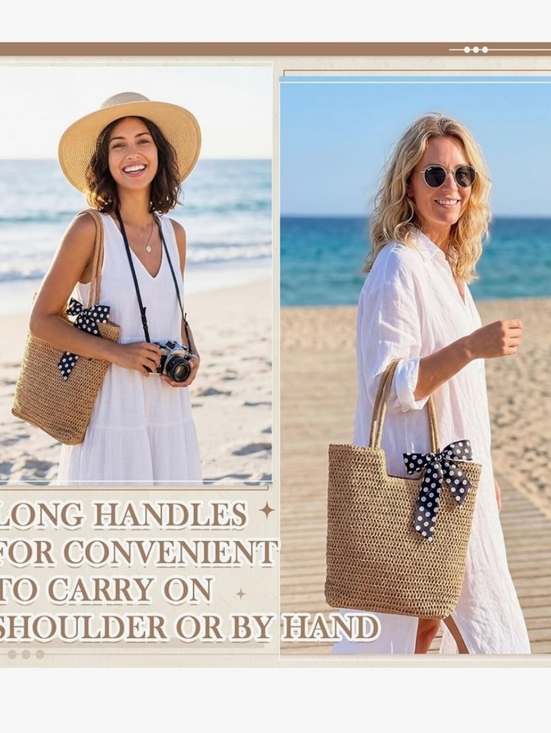 Woven Straw Tote Bag with Polka Dot Scarf - Natural - Picture 5 of 6
